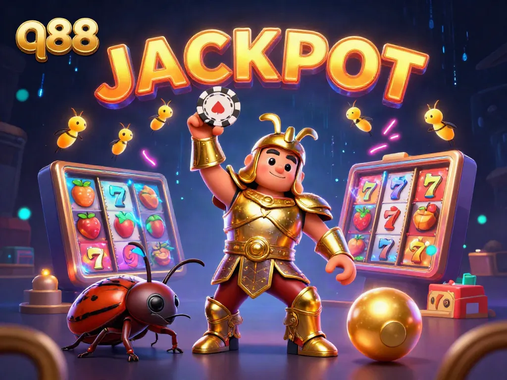 Spin the slots and win big with q88 in this vibrant casino-themed illustration.