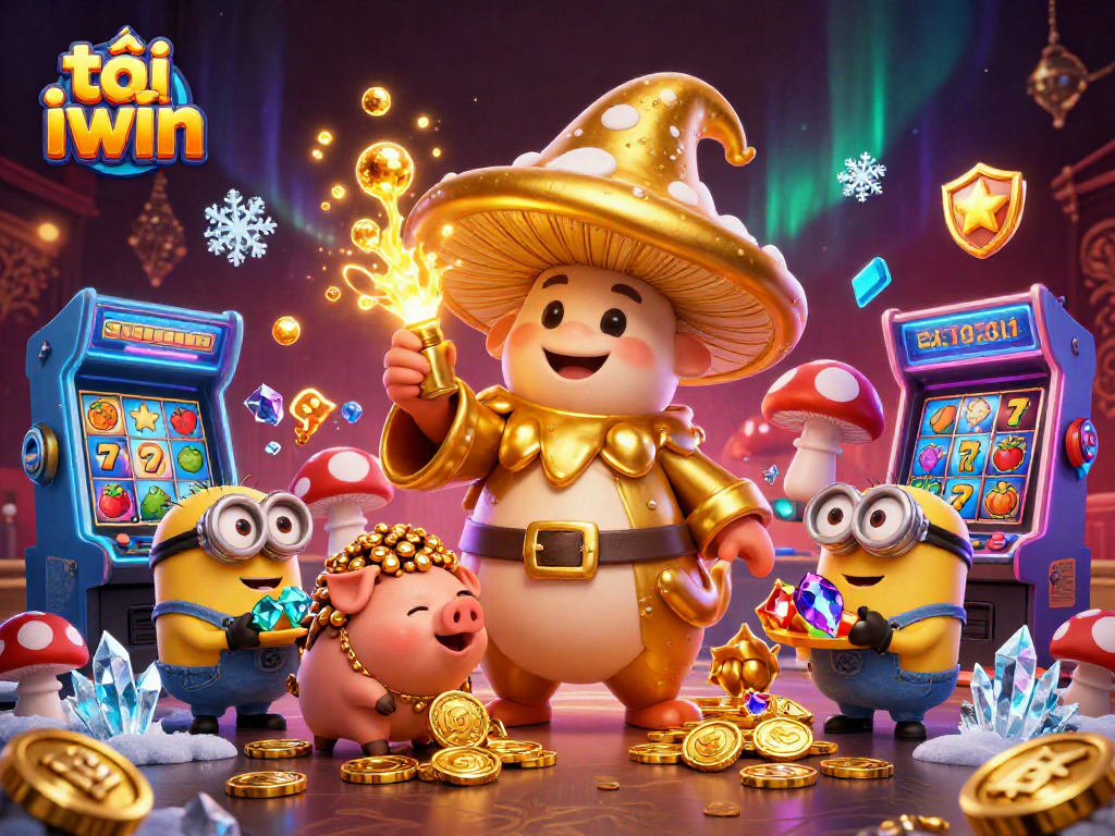 Engage in thrilling gameplay with tải iwin featuring golden wizard and treasures in this vibrant scene.