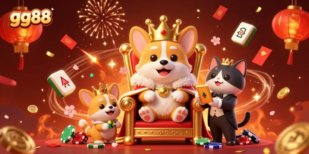Experience high-stakes excitement with gg88 as royal corgis celebrate in a festive casino atmosphere.