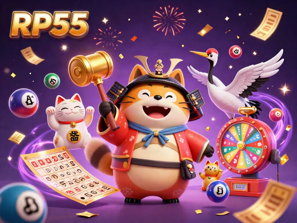 Cheerful tanuki and crane welcome good luck as RP55-themed lottery elements bounce in the vibrant scene.
