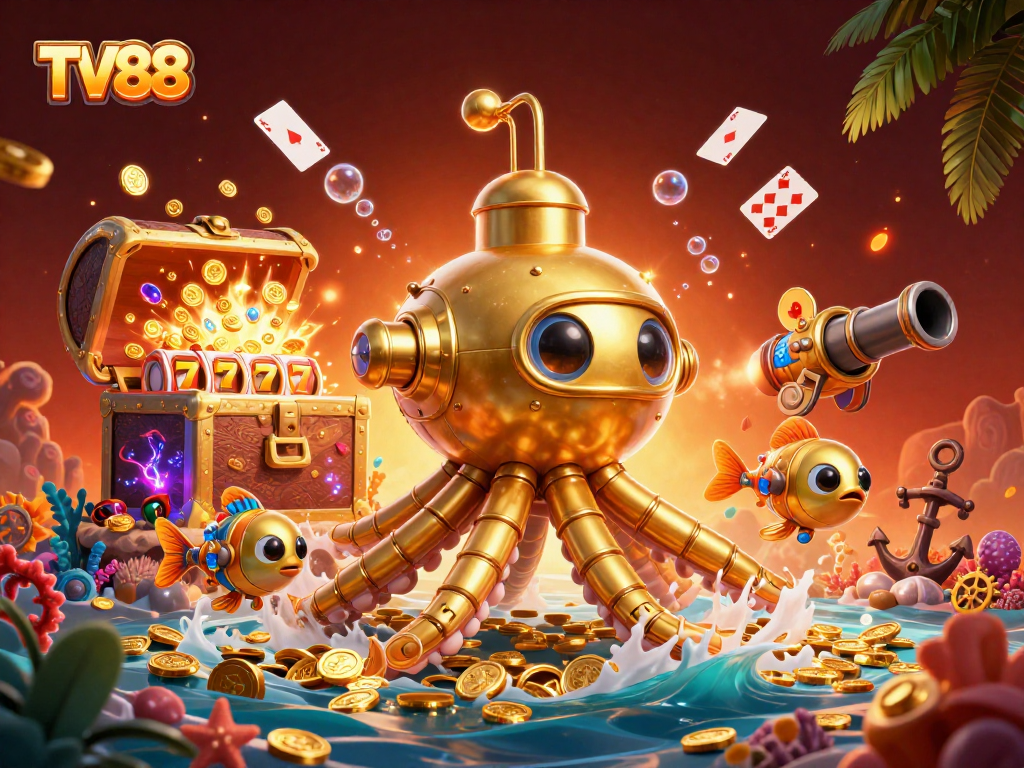 Experience exciting wins at TV88 as the golden kraken submarine navigates through coins and slot reels.