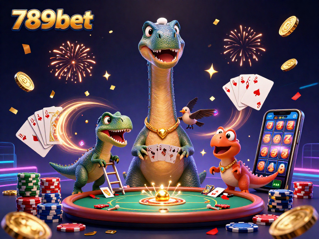 Experience the vibrant energy of 789bet with a massive brontosaurus and clever raptor in a dynamic casino scene.