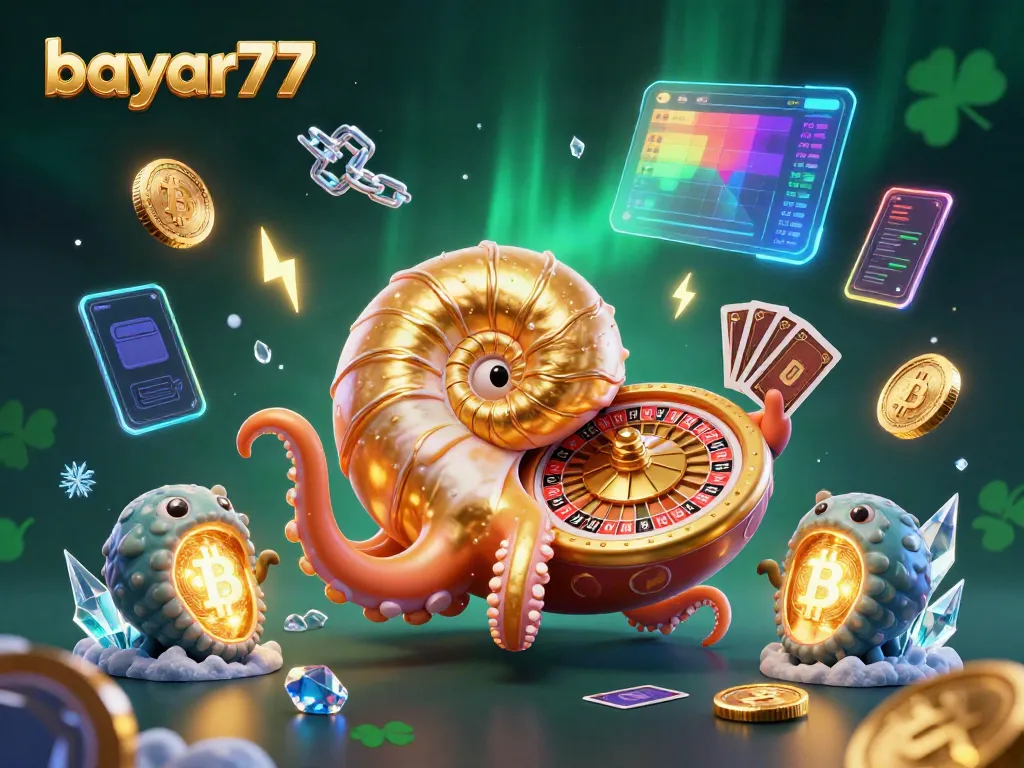 Experience playing with bayar77, featuring a giant nautilus roulette and golden ammonite companions in a dynamic casino scene.
