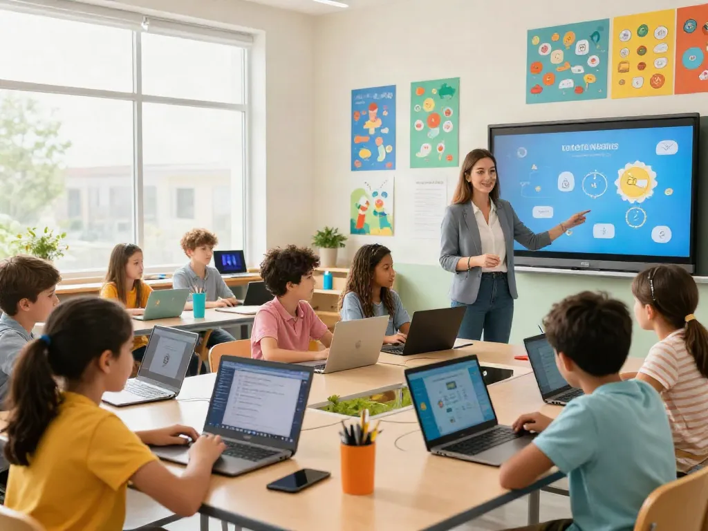 makmur77 platform edukasi dengan siswa belajar di kelas modern menggunakan teknologi.