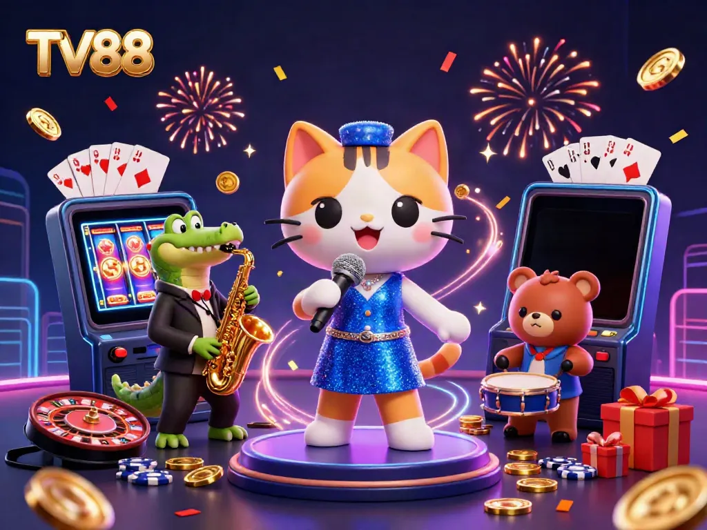 Experience the entertainment at TV88 with a lively cat singer, crocodile saxophonist, and bear drummer amidst casino-themed visuals.