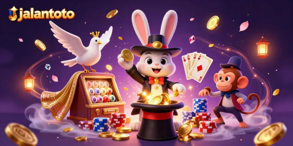 Menangkan permainan dengan jalantoto lotere, di mana koin emas dan bola bernomor berserakan di sekitar karakter magis.
