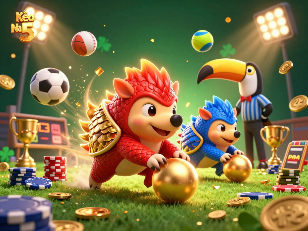 Kèo Nhà Cái 5 pangolins bowl through poker chips amid sports balls and golden confetti.