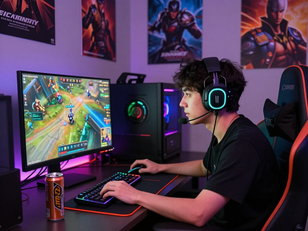 Gamer fokus di layar saat bermain bos88ap.com dengan headset dan pencahayaan RGB.
