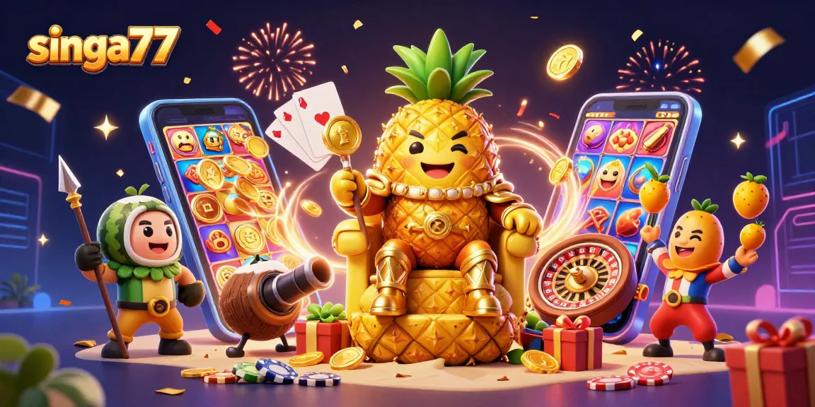 Singa77, the golden pineapple king reigns at a beach casino with vibrant slot games, coins, and festive elements.