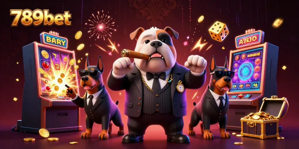 Experience the excitement of 789bet with this vibrant 3D casino illustration showcasing a bulldog mafia boss and dynamic gameplay elements.