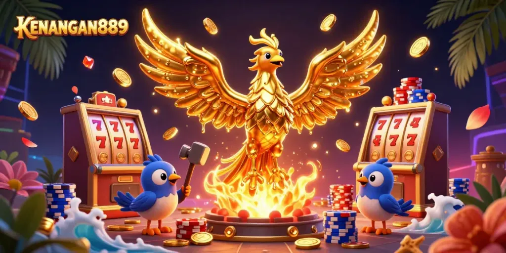 Experience the excitement of KENANGAN889 with a stunning 3D casino scene full of gold and slots.