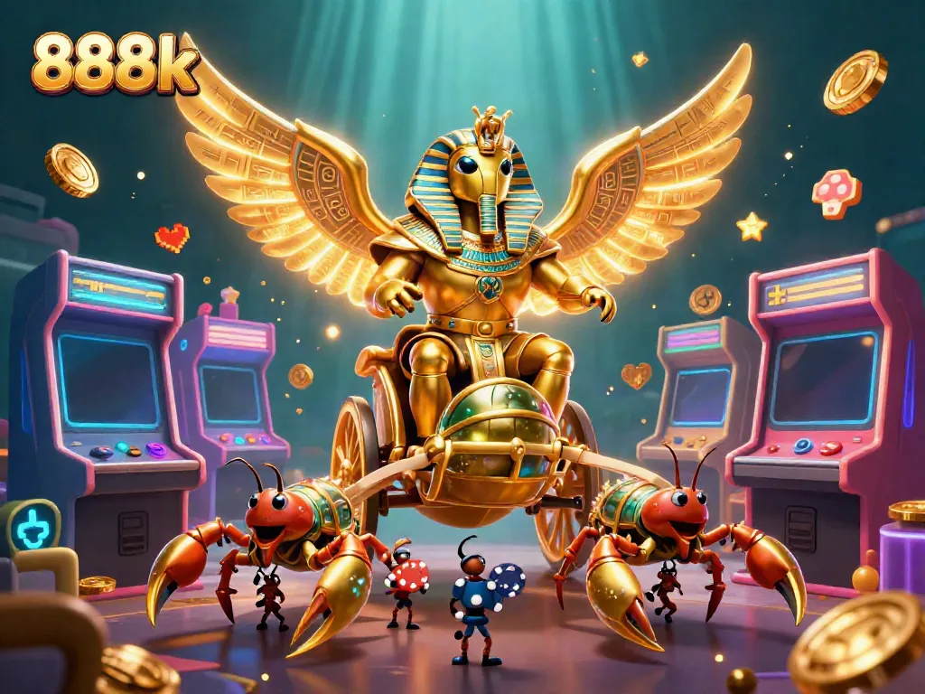 Experience the excitement of 888k with a golden scarab beetle and vibrant casino elements in this dynamic scene.