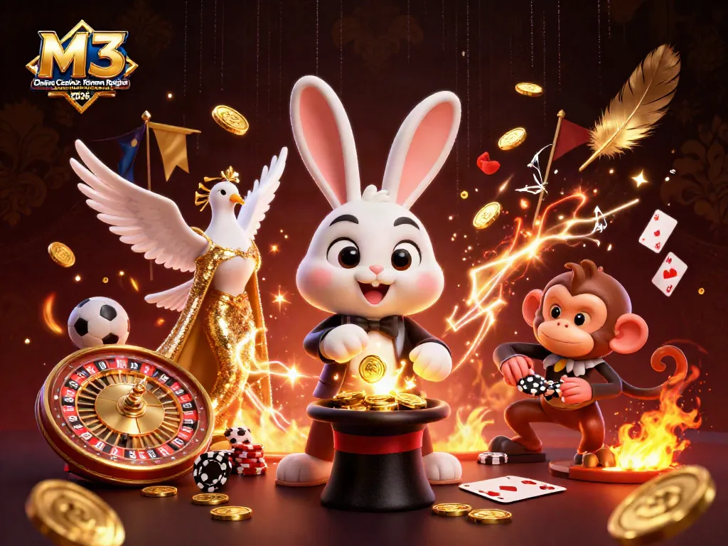M3 Online Casino x Roman Reigns Brand Ambassador 2026 features a 3D magician rabbit with golden coins, showcasing an engaging casino atmosphere.