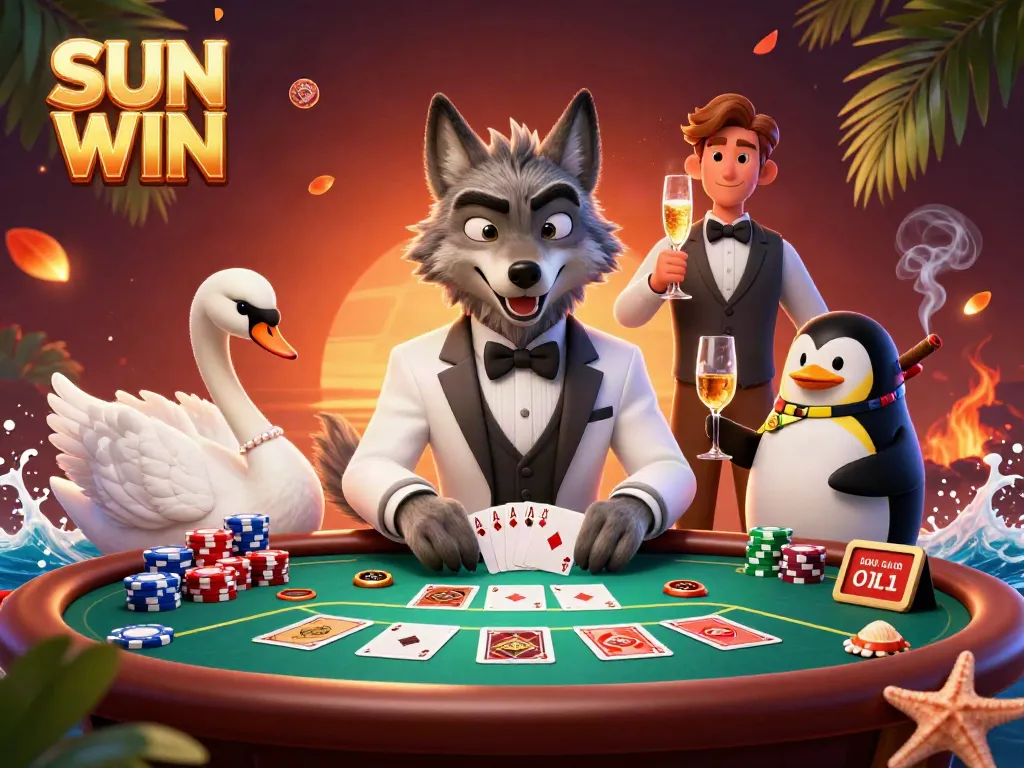 Experience the thrill of SUN WIN with a playful wolf, swan, and penguin in a vibrant casino scene.