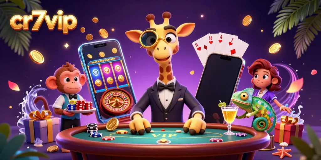 Permainan slot sukses dengan cr7vip, giraf berkostum di meja poker, dan pelayan monyet.
