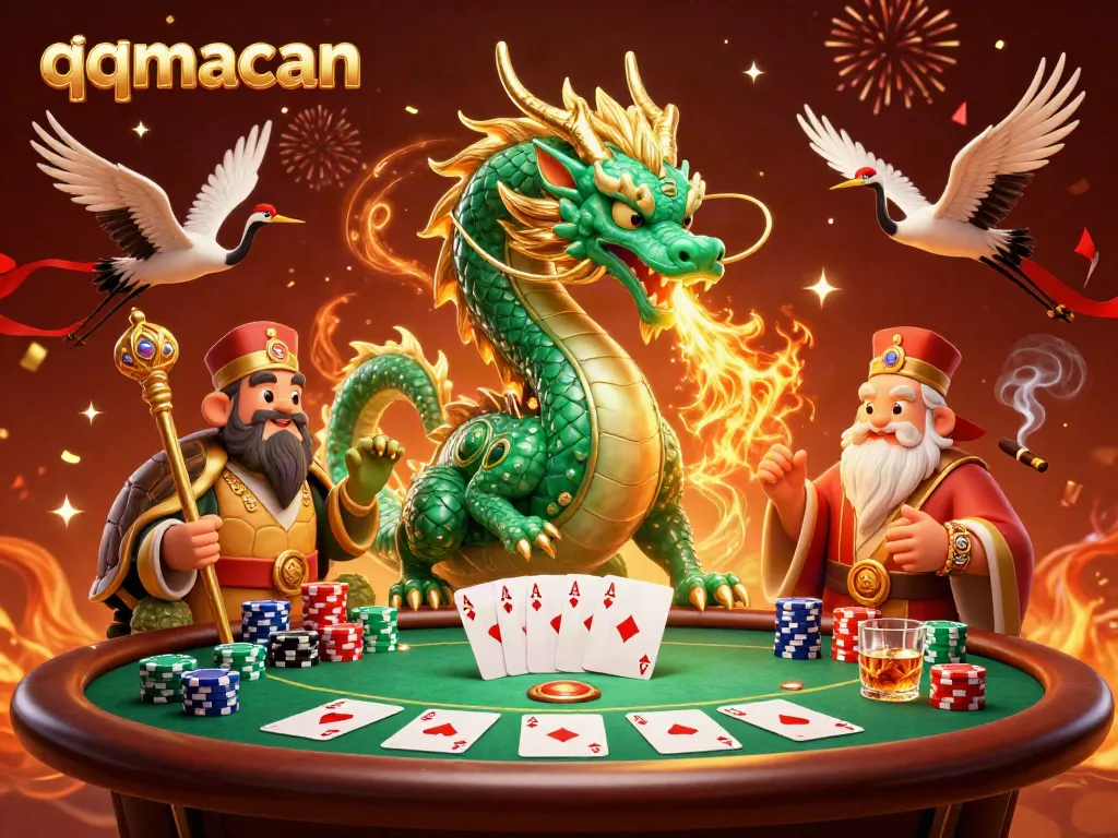 Experience the excitement of qqmacan featuring a dragon, poker elements, and celebratory fireworks.