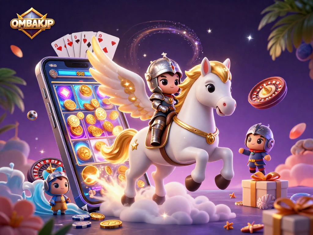 Experience the thrill of OMBAKJP with animated games and winning potential in an engaging casino scene.