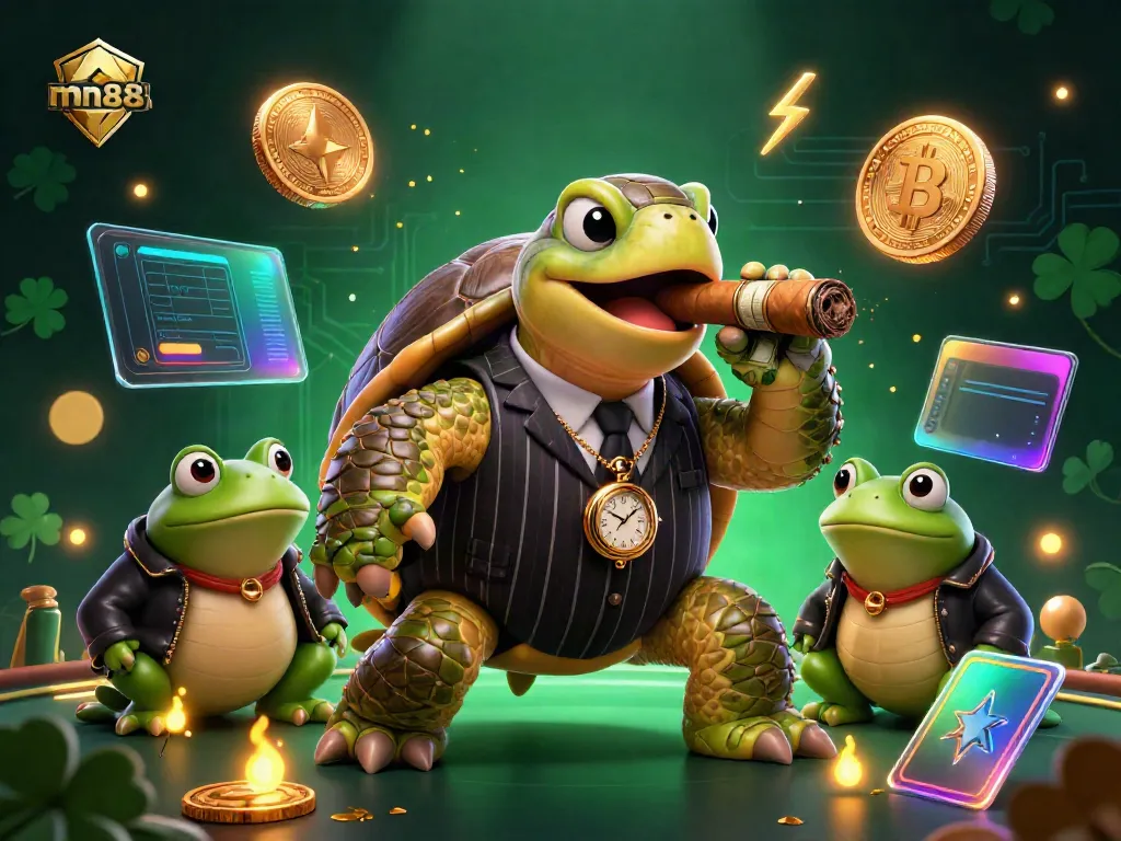 Engage with mn88’s vibrant casino scene featuring a snapping turtle in a mobster suit surrounded by crypto coins and lights.