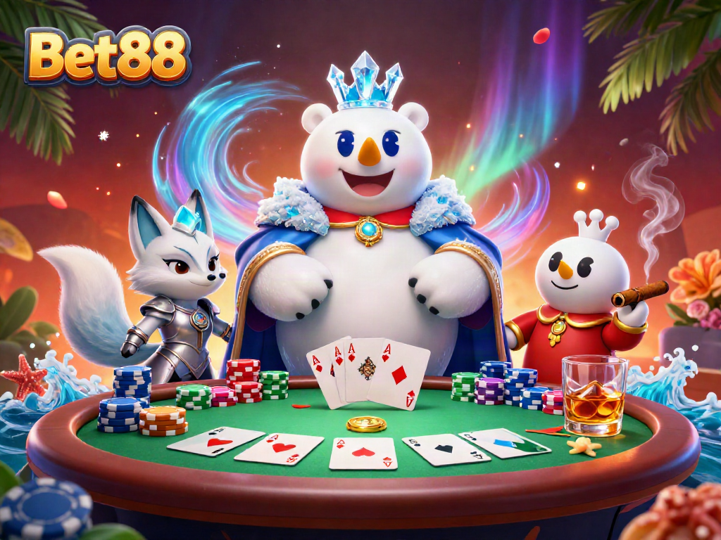 Engage with Bet88's vibrant casino theme featuring polar bear and fox in a dynamic poker scene.