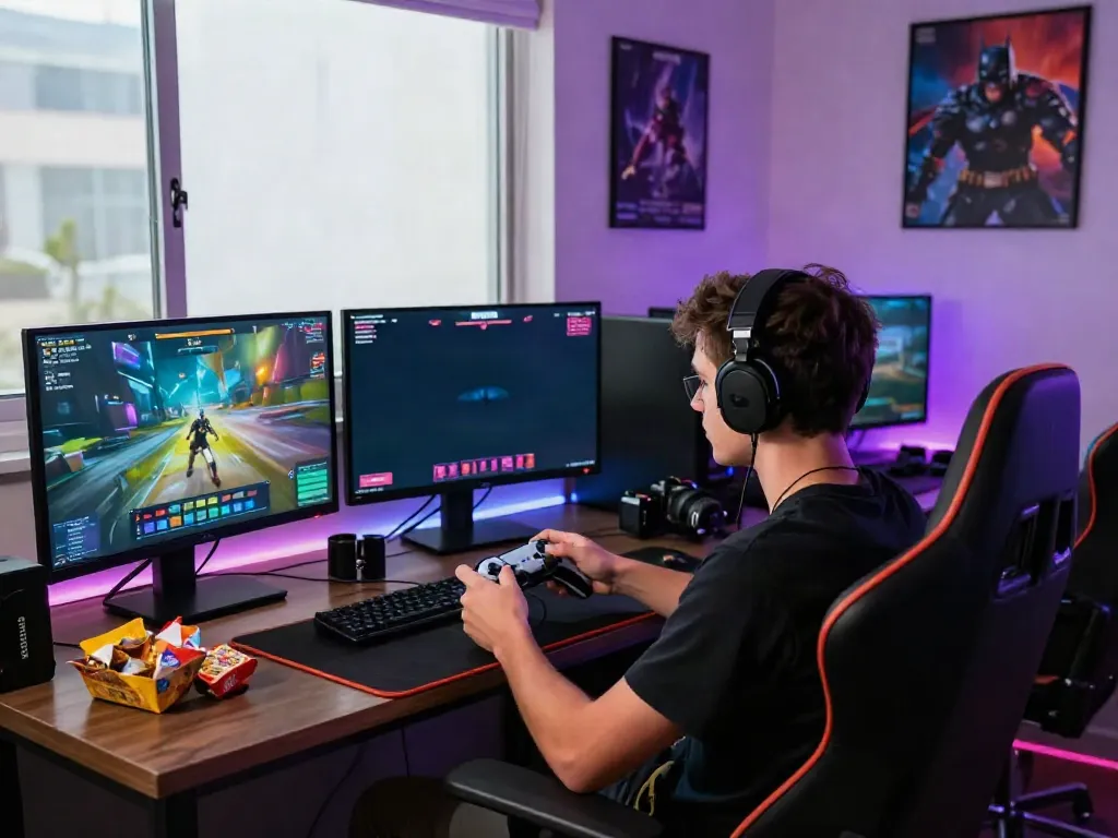 Engaging scene of a gamer using Batman138 platform with vivid screens and modern setup.