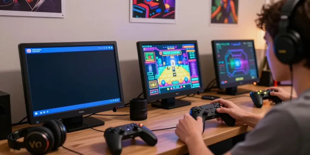 Engaged player enjoying Yono Arcade on smartphone amidst colorful game graphics.