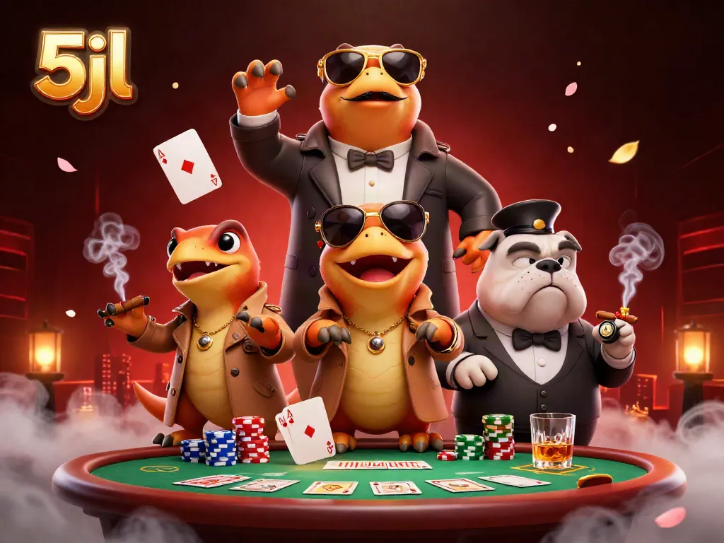Experience thrilling gameplay at 5jl with cartoon raptors disguised as high-rollers at a casino.