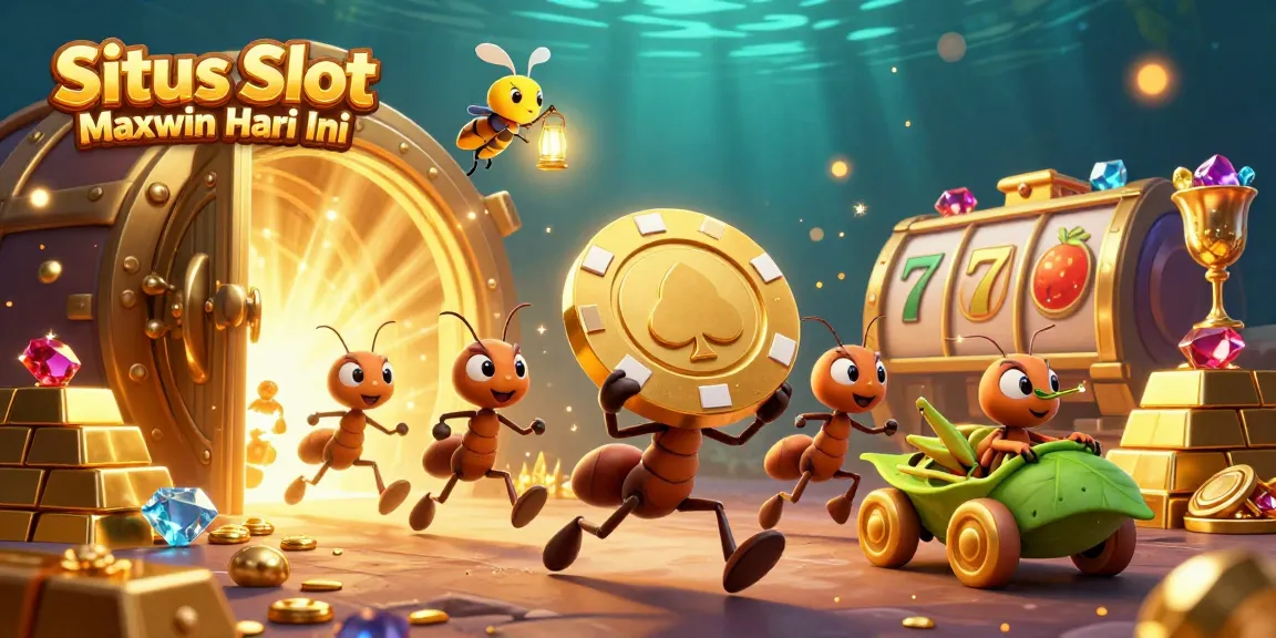 Situs Slot Maxwin Hari Ini showcases a heist illustration with ants, gems, and slot reels in action.