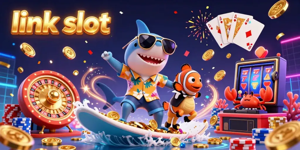 Experience the excitement of link slot gaming with a dynamic scene of a hammer-head shark surfing coins alongside intriguing aquatic characters.