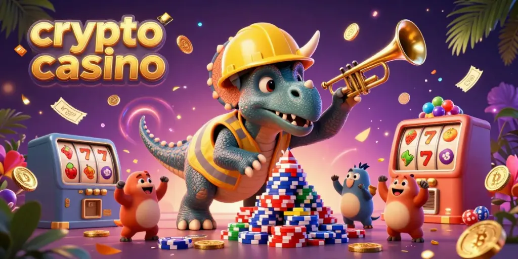 Crypto casino scene with a triceratops and parasaurolophus celebrating amid colorful coins and game elements.