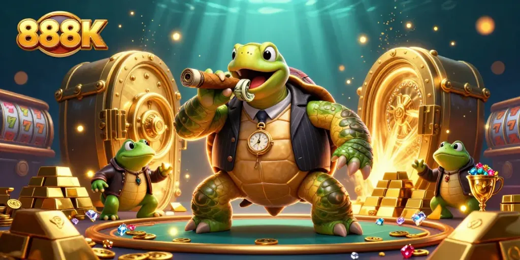 Experience thrilling 888K gaming with a snapping turtle mobster amidst treasure and slot machines.