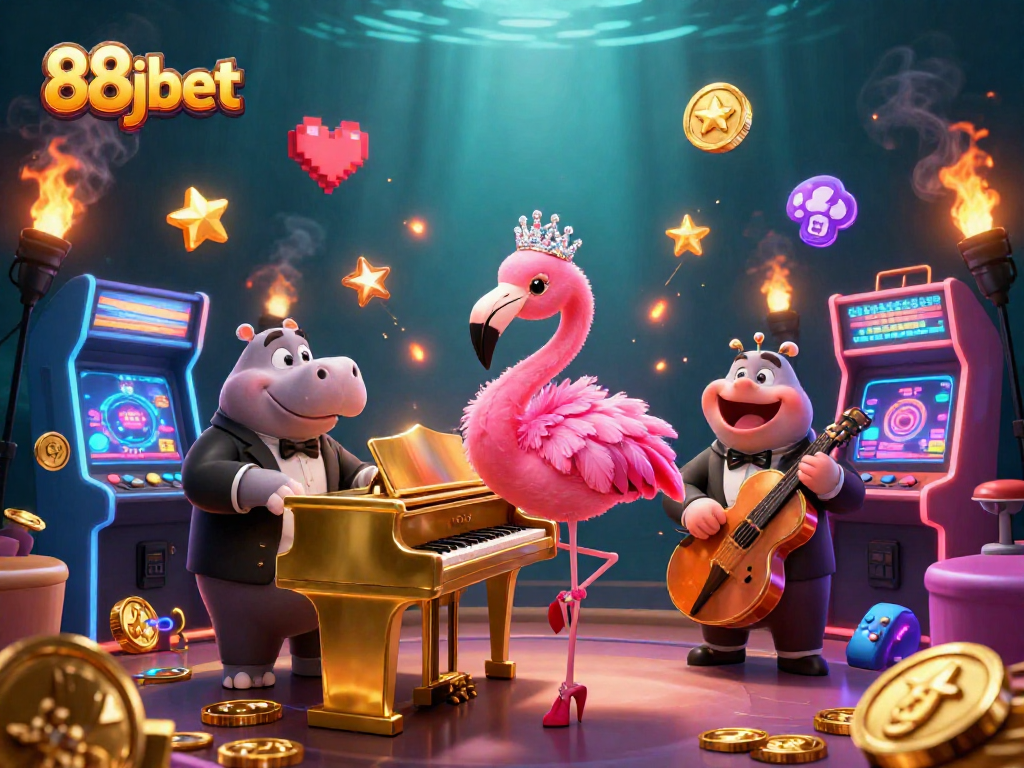 Engage with 88jbet's vibrant 3D casino scene featuring a flamingo singer and hippo bassist.