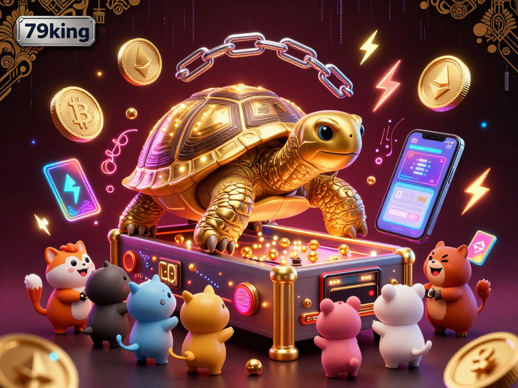 Engage with 79king's dynamic gaming world featuring a colossal golden tortoise pinball machine in an electrifying casino scene.