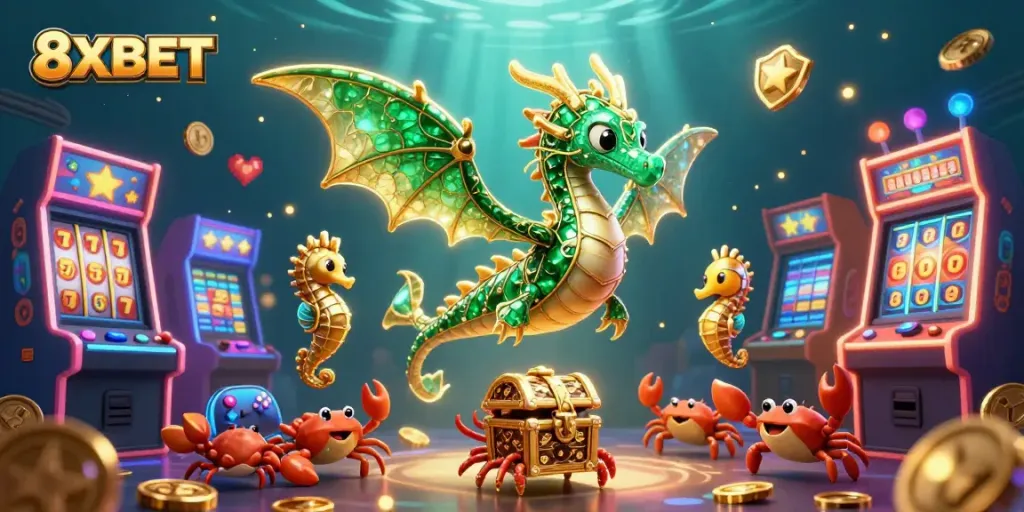 8XBET features vibrant 3D casino elements with a sea dragon and exciting slot games.