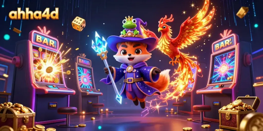 Experience exciting gameplay with ahha4d as a colorful 3D casino scene reveals thrilling slot machines and magical characters.