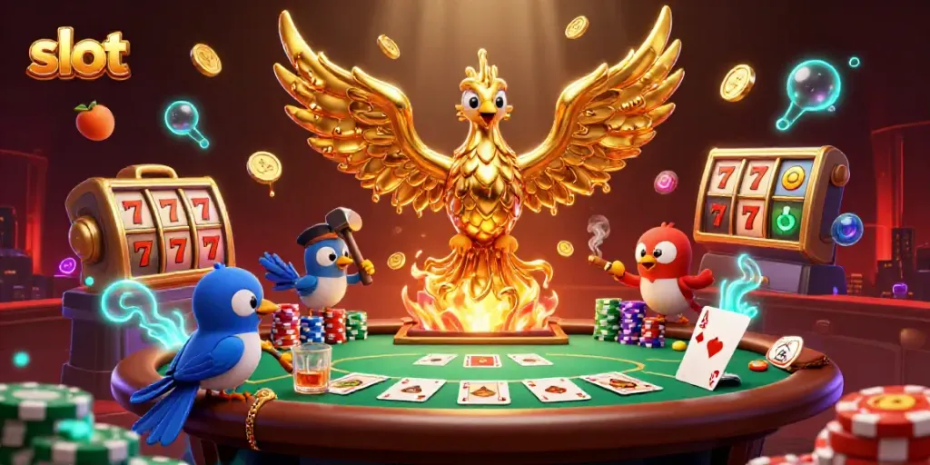 Slot memikat saat jackpot muncul dengan phoenix emas dan suasana kasino yang menawan.