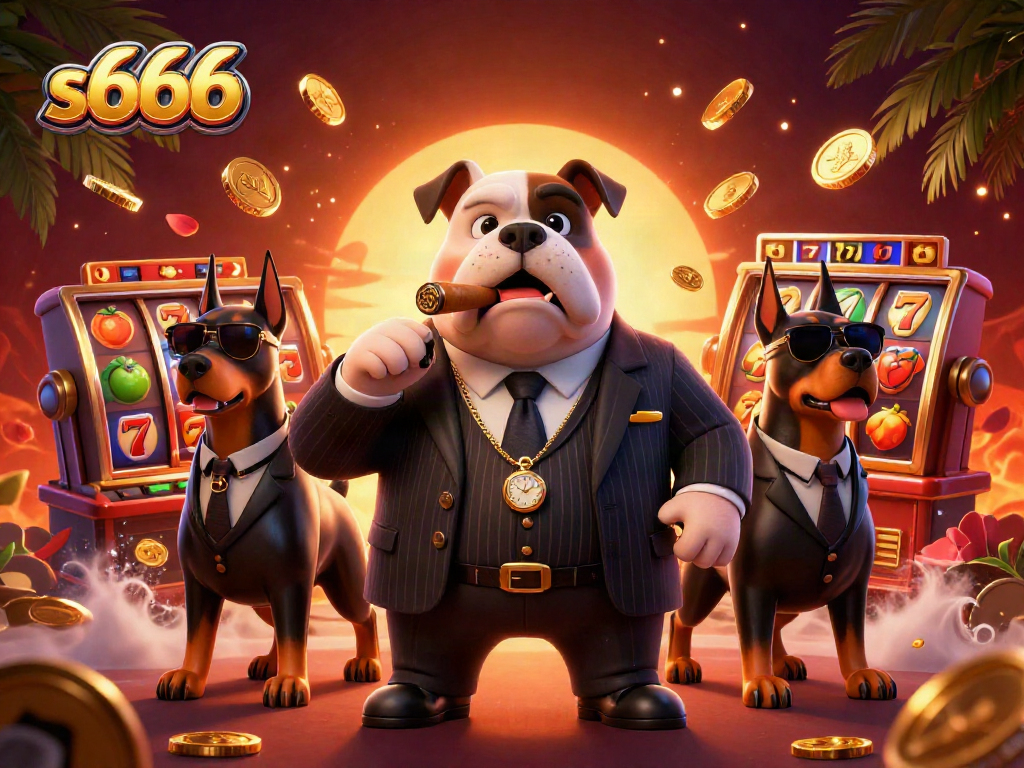 Experience thrilling gaming with s666 in a vibrant casino scene featuring a mafia bulldog.