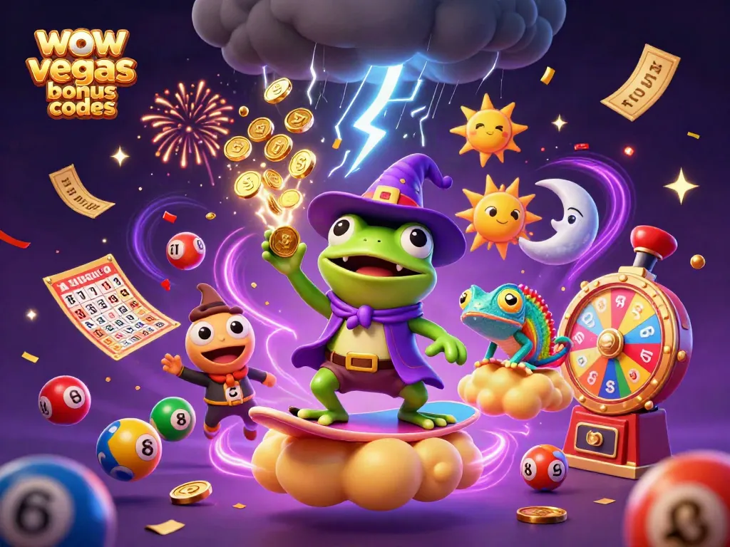 Win big with wow vegas bonus codes as golden coins rain down in a vibrant, magical scene.