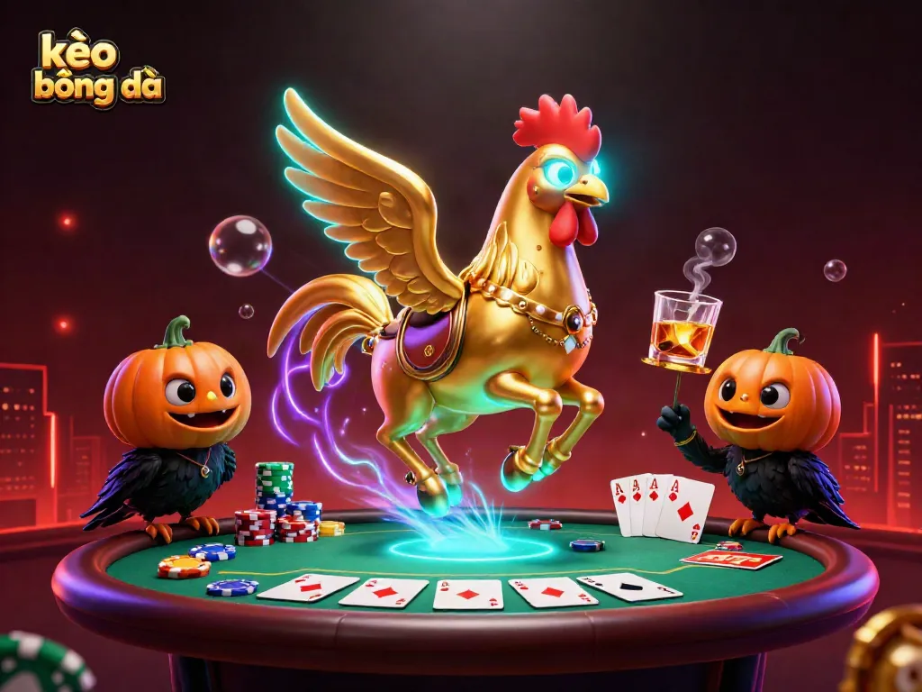Engaging golden rooster rides through a vibrant casino, showcasing kèo bóng đá elements with rich poker details.