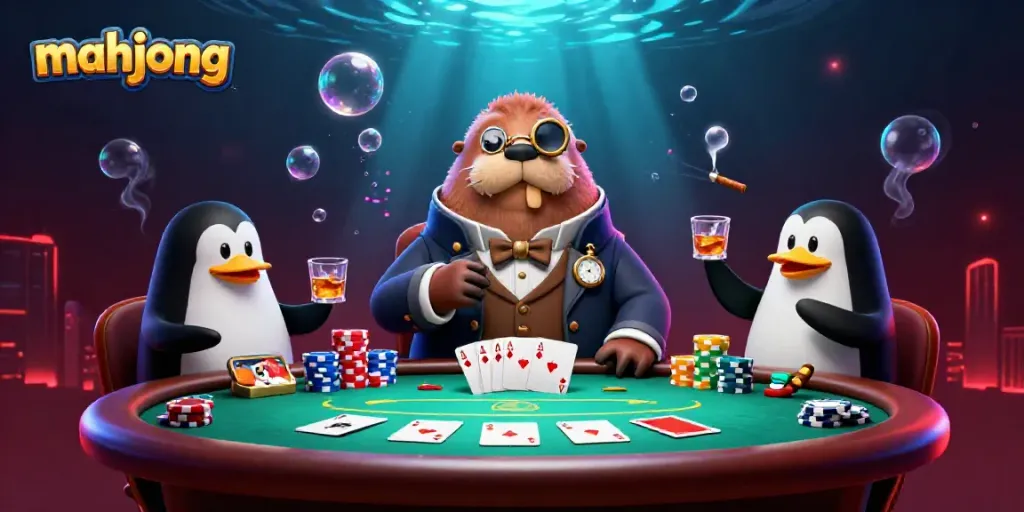 Permainan mahjong seru dengan walrus dan penguin di meja poker bawah laut.
