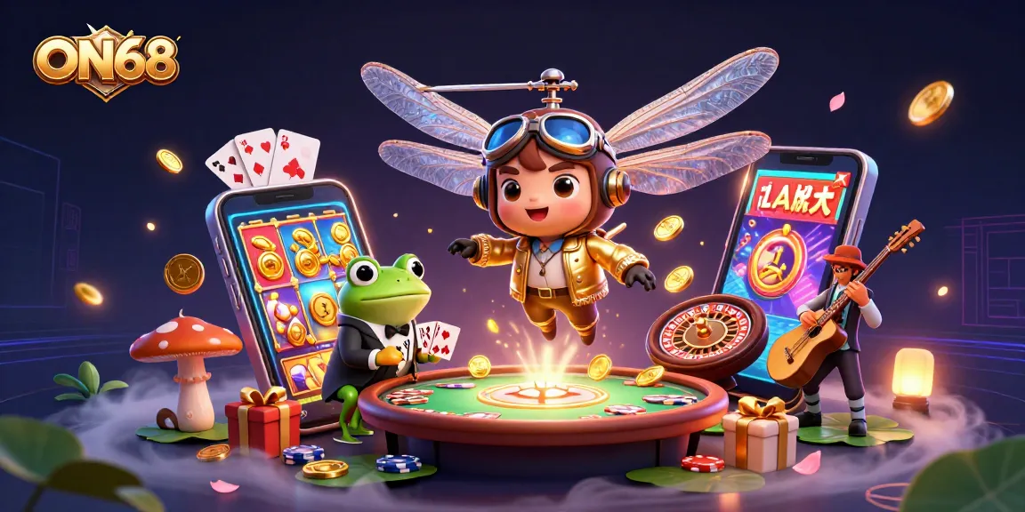 Engage with ON68's vibrant online casino experience featuring a dynamic 3D scene of games and characters.