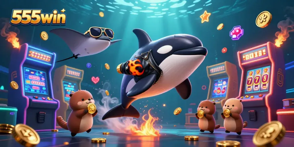 Engage with the vibrant 555win casino experience depicted in a lively underwater scene featuring characters and arcade elements.