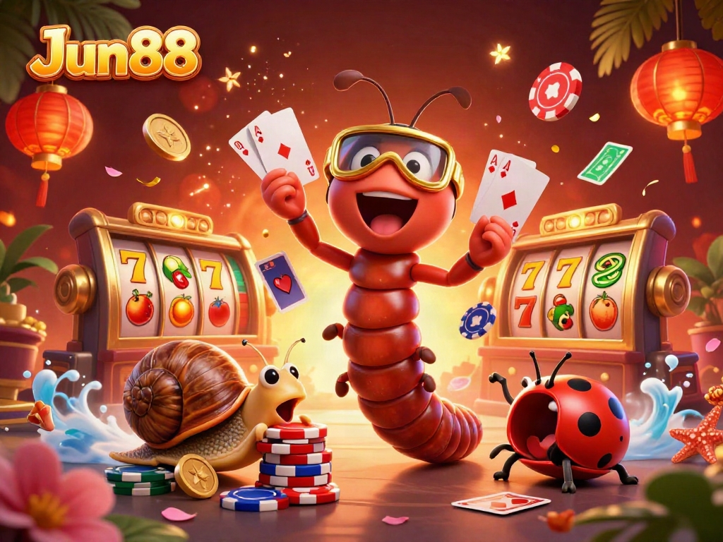 Win exciting slots at Jun88 with a 3D millipede dealer, poker chips, and cherry blossoms.
