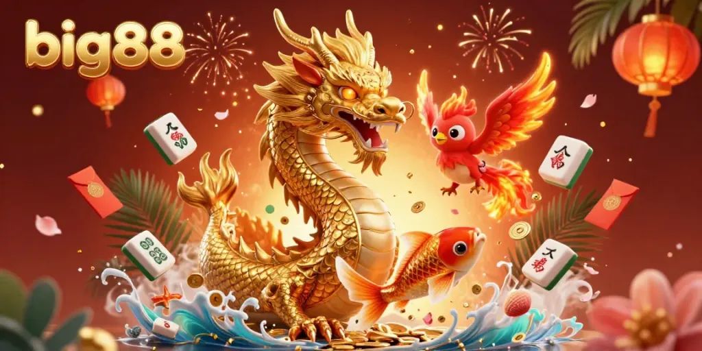 Experience the excitement of Big88 with a dynamic 3D illustration of a Chinese dragon, phoenix, and koi fish amidst vibrant casino elements.