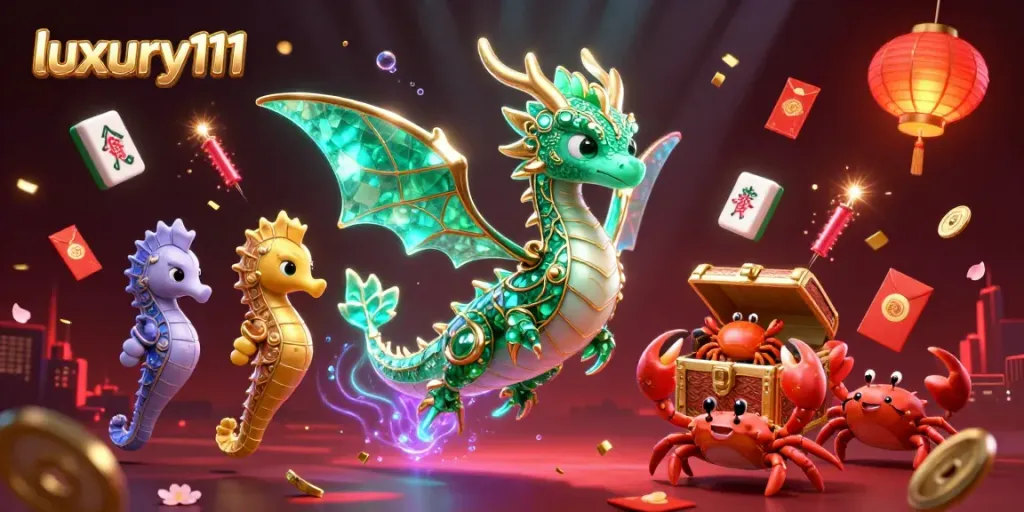 Engage with luxury111's vibrant gaming experience featuring mythical creatures and festive casino elements.