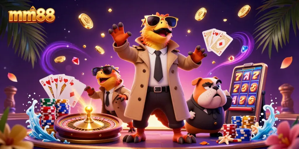 Engage in the exciting world of mm88 casino featuring raptors and bouncers amidst vibrant game elements.