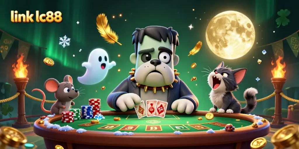 Engage with the lively atmosphere of link lc88's casino featuring a whimsical Frankenstein bulldog and engaging characters.