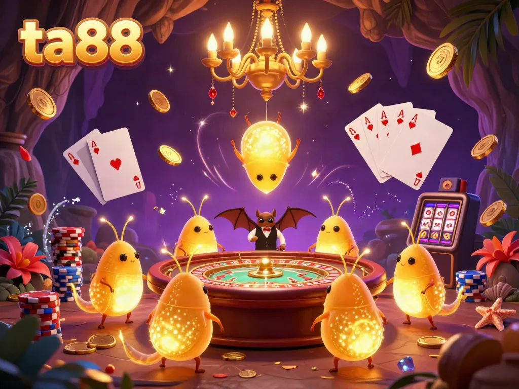 Experience captivating gameplay at TA88 casino with glowworm characters and vibrant casino elements.
