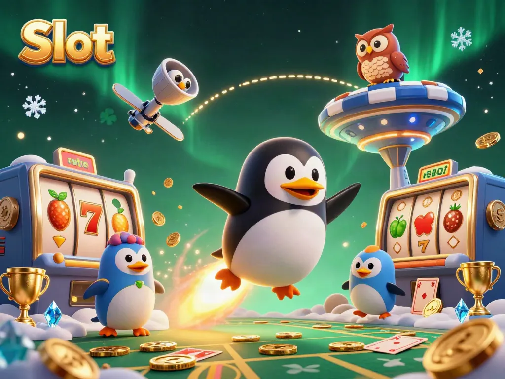 Experience thrilling slot action with a golden penguin and casino elements in a vibrant 3D illustration.