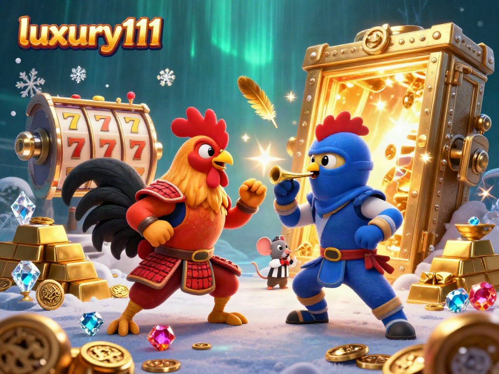 Experience luxury111 in a vibrant casino scene featuring cartoon roosters and dynamic slot elements.