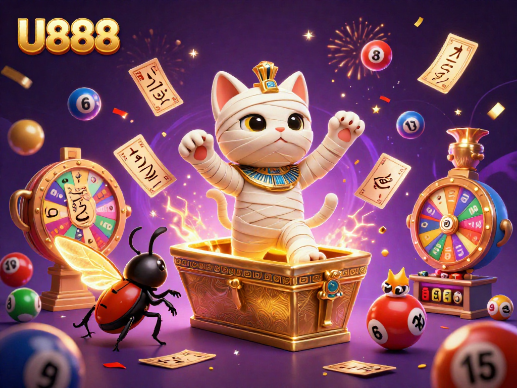 Experience U888's thrilling gaming scene with a lively Egyptian mummy cat, golden tickets, and lively lottery elements.